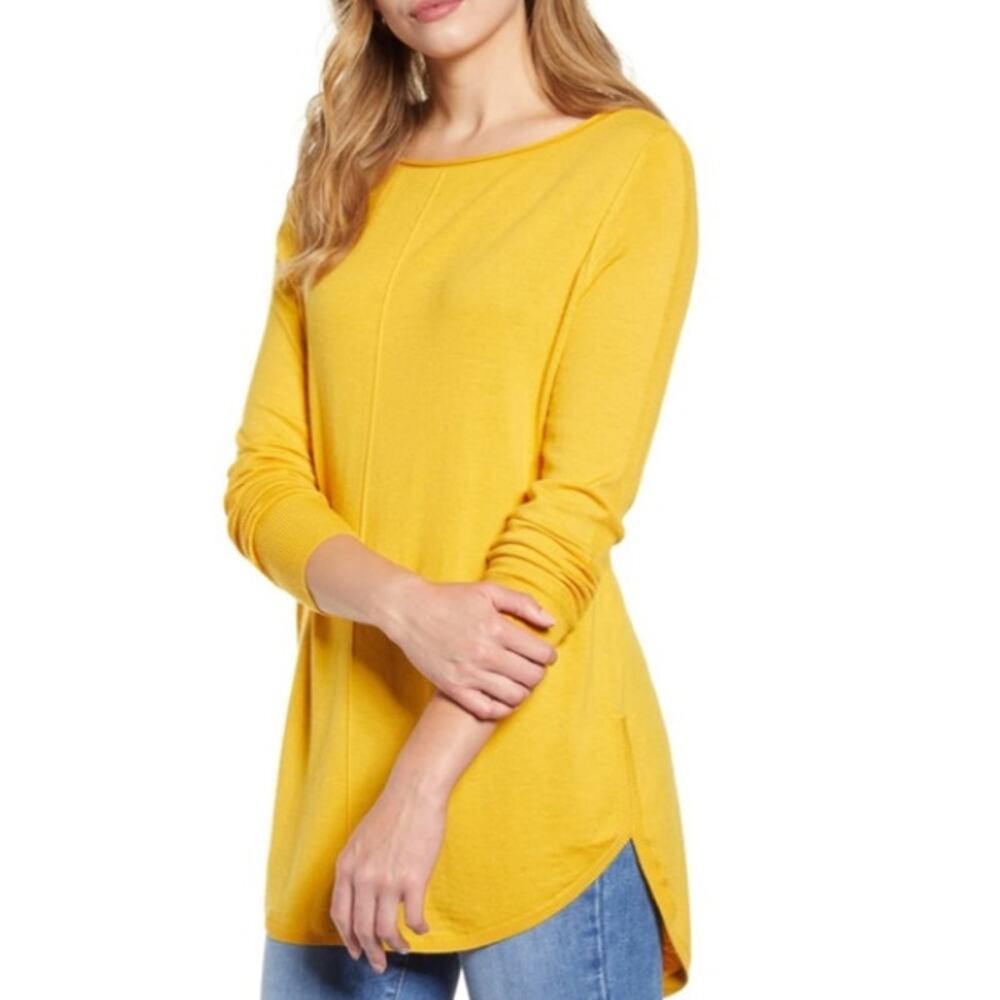 CASLON Women's Tunic Sweater XS Dijon Gold Seam Shirttail Knit Hi-Low NWT